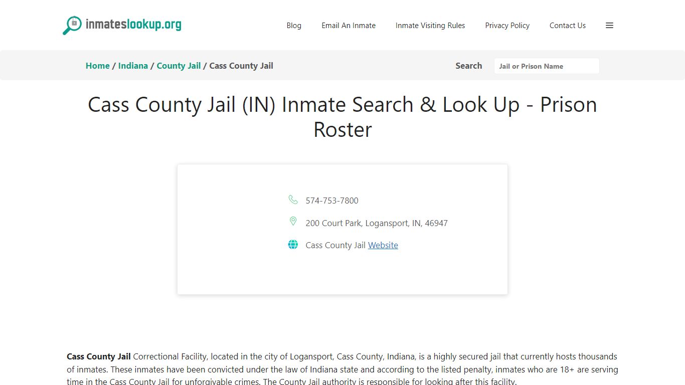 Cass County Jail (IN) Inmate Search & Look Up - Prison Roster